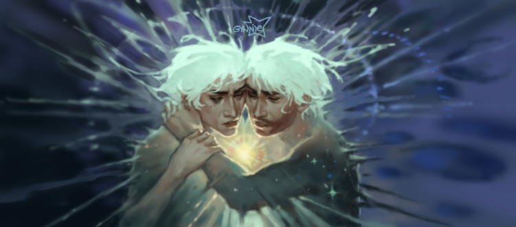 an illustration of jayce and viktor from arcane, embracing.