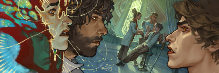 an illustration showing jayce and viktor from arcane. They look at eachother lovingly across the long horizontal image, between them a scene of them two and Skye discussing something together in their lab.